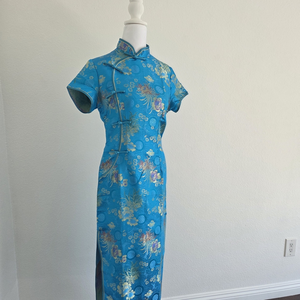 Chic Floral Blue Cheongsam Dress